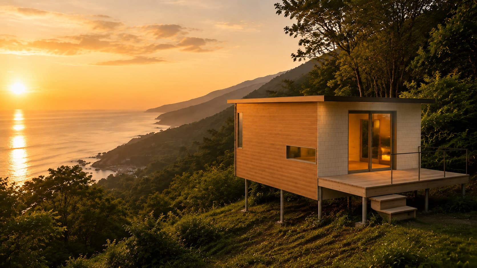 夕陽に染まる海岸の高台に建つデッキ付きのWing