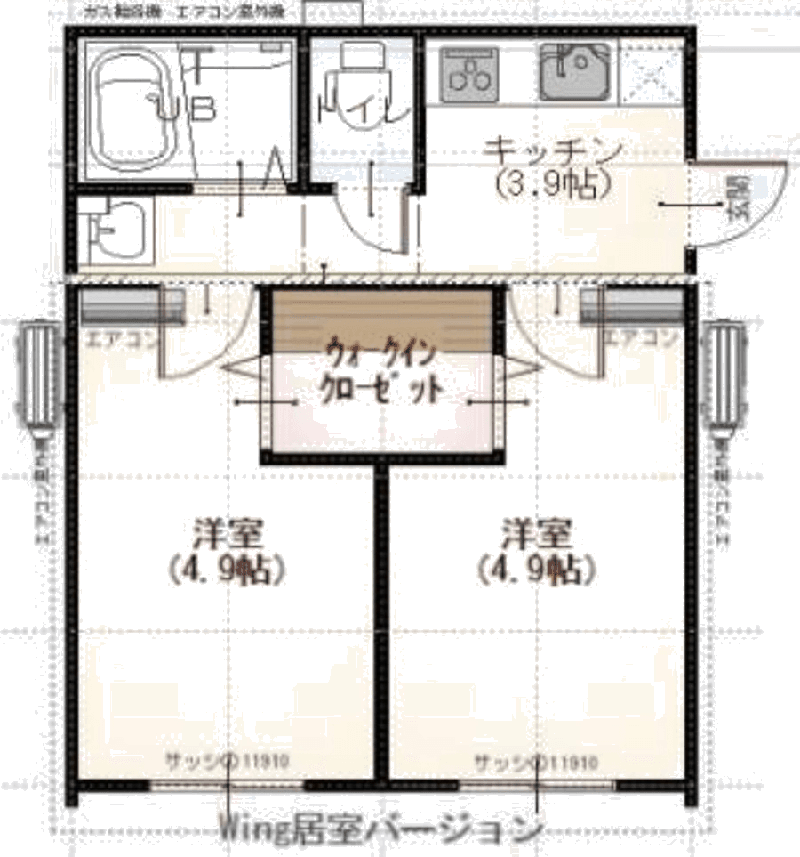BOX 水回りキットと Wing の洋室2部屋を組み合わせた平面図