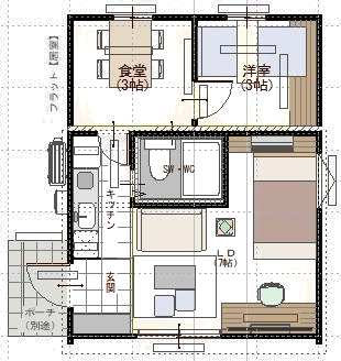 フラットと Wing を組み合わせた 2LDK の平面図