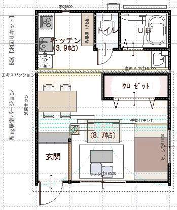 BOX 水回りキットと Wing 8.7 帖を組み合わせた平面図