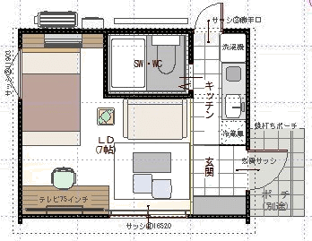 シャワー・トイレと LD7 帖を収めた Wing 居住用の平面図