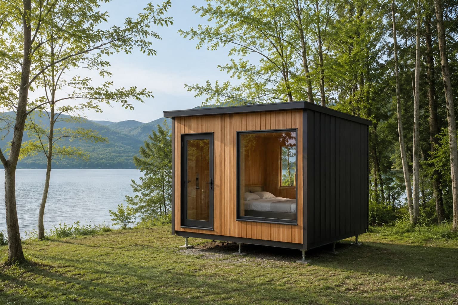 湖畔の木立に建つ黒い外装と木目の BOX